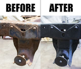 Picture highlighting the comparison between two frame pieces; the one on the left has not been treated at all, and the one on the right has been covered with Rust Buster Rust Converter & Primer Spray Paint RB9917