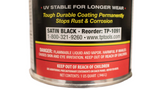 TP Tools RUST COVER PAINT, Satin Black, Quart, featuring easy application by brushing or spraying, with brush marks disappearing for a smooth finish. Provides excellent coverage and UV resistance