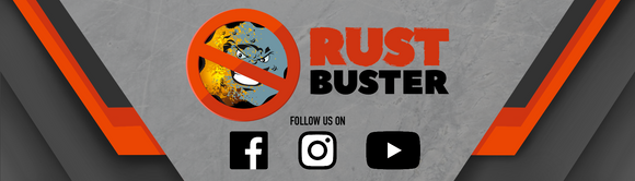 Rust Buster website banner with social media logos